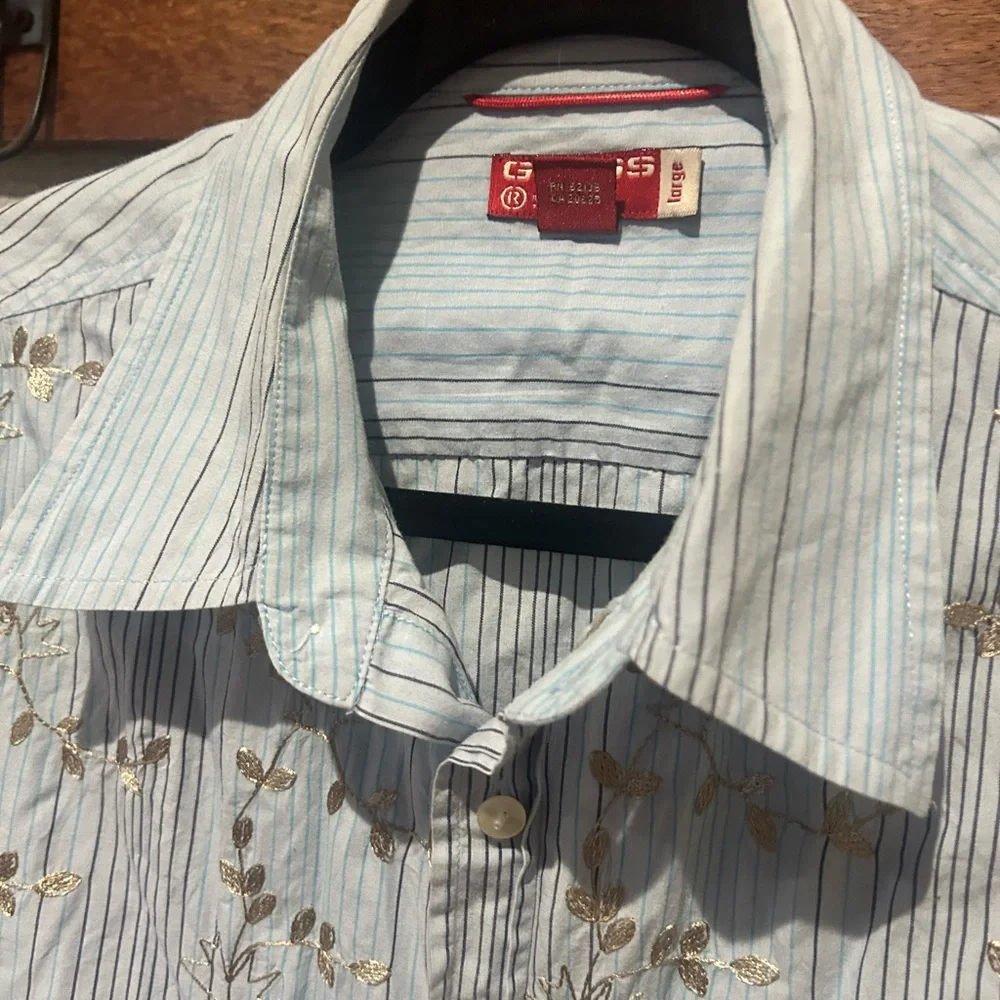 Guess Button Up Shirt Long Sleeve Mens L Blue Striped Embroidered - Picture 7 of 9
